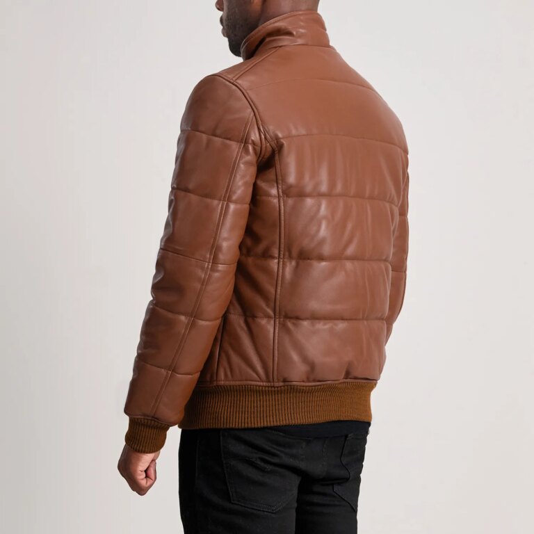 Mens Lucas Brown Leather Puffer Bomber Jacket Tilted Back-8-1733732643778